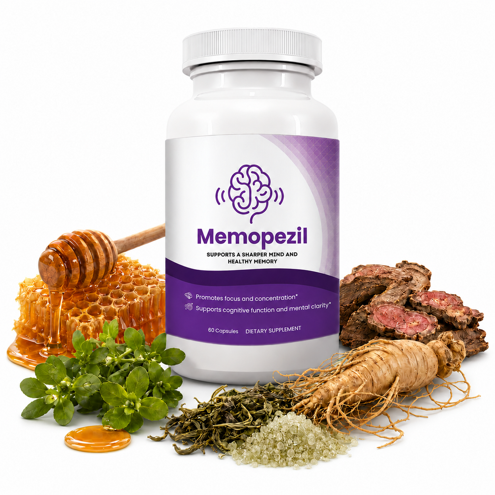Memopezil bottle with its original ingredients on a clean white background